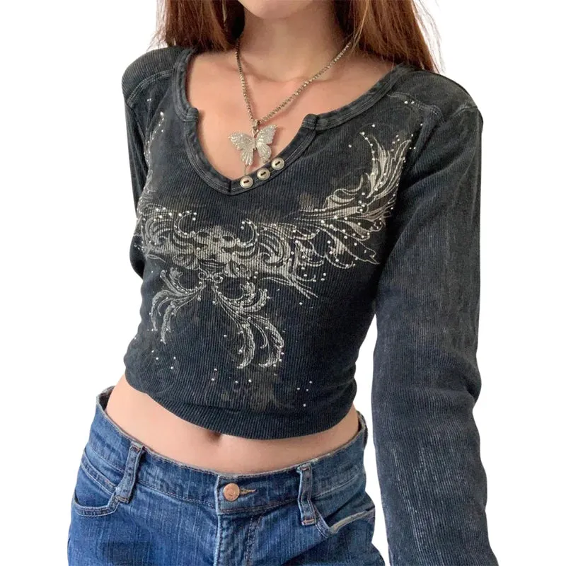 مجموعة أروين ARWEN&AJH GROUPTees Grunge Fairy Casual Party Women's Round Neck Tight Tops intage Heart Wings Print Long Sleeve Slim Fit Pullovers