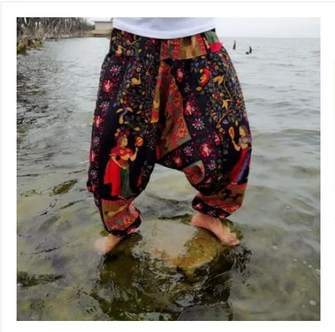 20 Colors Men Causal Flower Print Hippy Baggy Boho Elastic Cross-Pants Loose Trousers Aladdin Wide Leg Cotton Linen Harem Pants