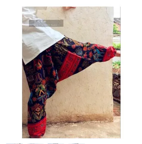 20 Colors Men Causal Flower Print Hippy Baggy Boho Elastic Cross-Pants Loose Trousers Aladdin Wide Leg Cotton Linen Harem Pants