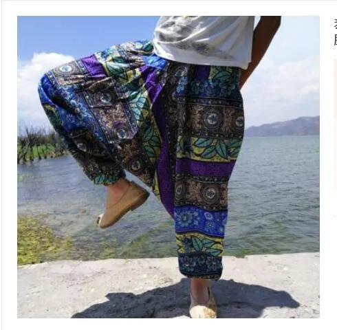 20 Colors Men Causal Flower Print Hippy Baggy Boho Elastic Cross-Pants Loose Trousers Aladdin Wide Leg Cotton Linen Harem Pants