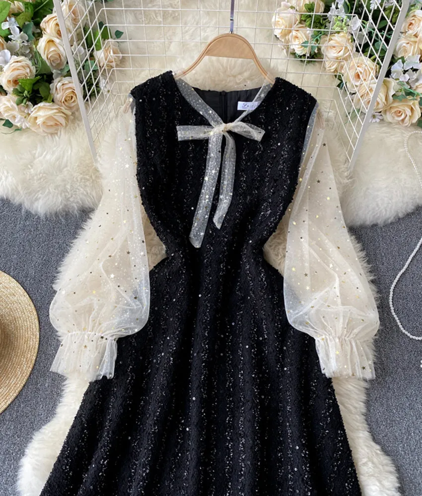 A line sequins long sleeve dress   S73