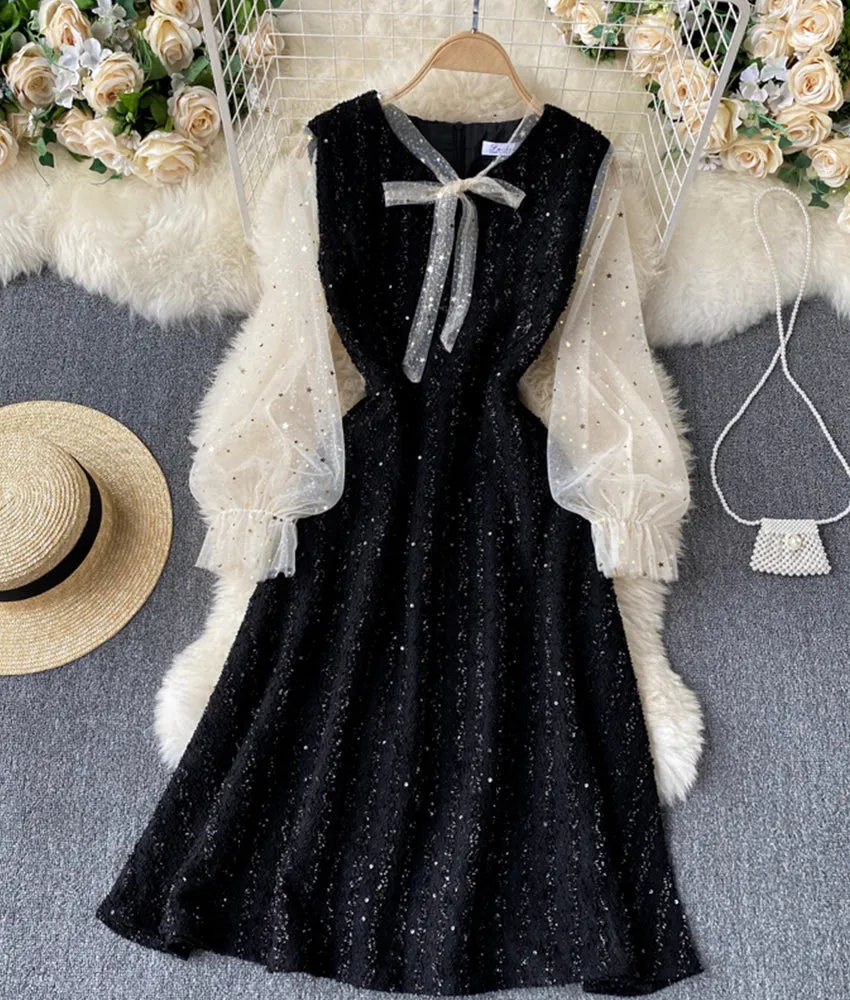 A line sequins long sleeve dress   S73