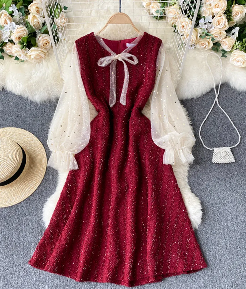 A line sequins long sleeve dress   S73