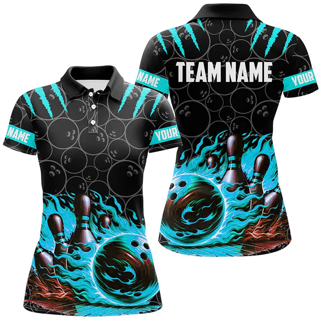 Bowling And Pins Flame Multicolor Option Customized Name 3D Shirt For Women