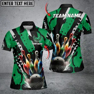 Bowling Ball And Pins Eagle Wings Multicolor Option Customized Name 3D Polo Shirt For Women