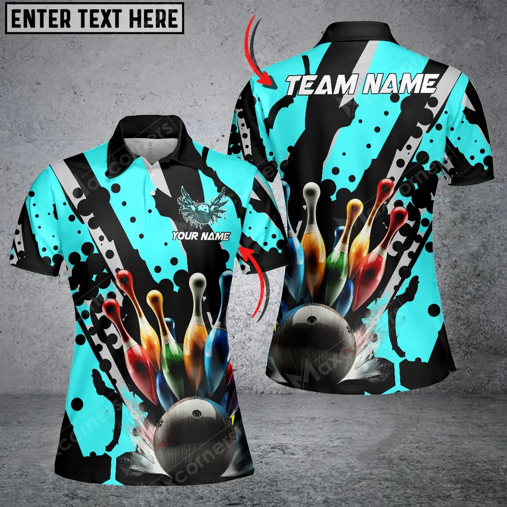 Bowling Ball And Pins Eagle Wings Multicolor Option Customized Name 3D Polo Shirt For Women