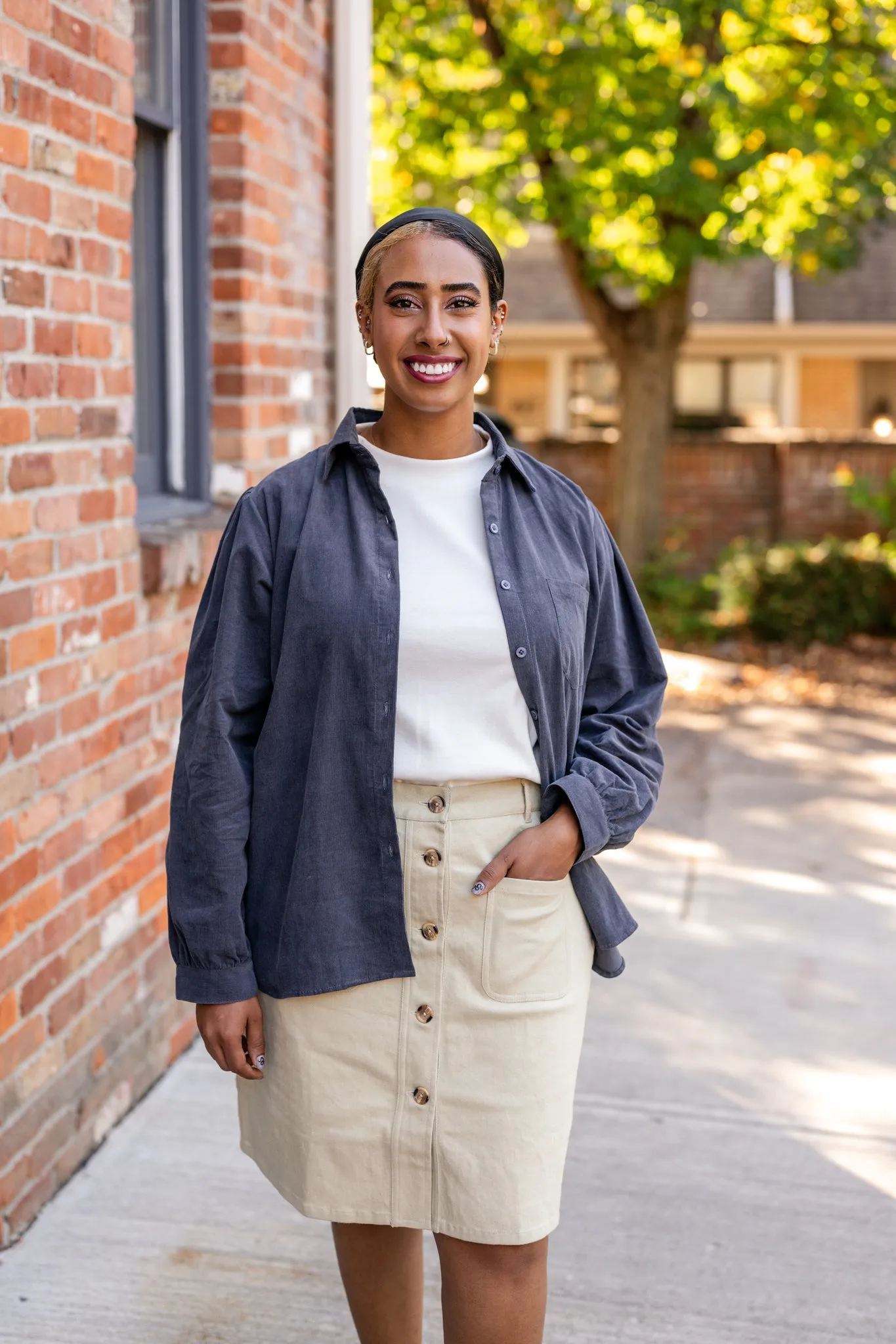 Brushed Corduroy Button-Up Blouse