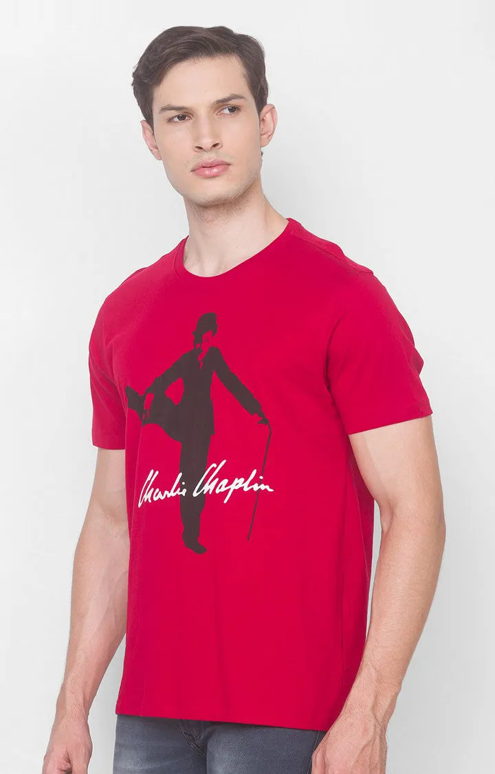 Charlie Chaplin Spykar Men Red Cotton Slim Fit Round Neck Printed T-Shirt