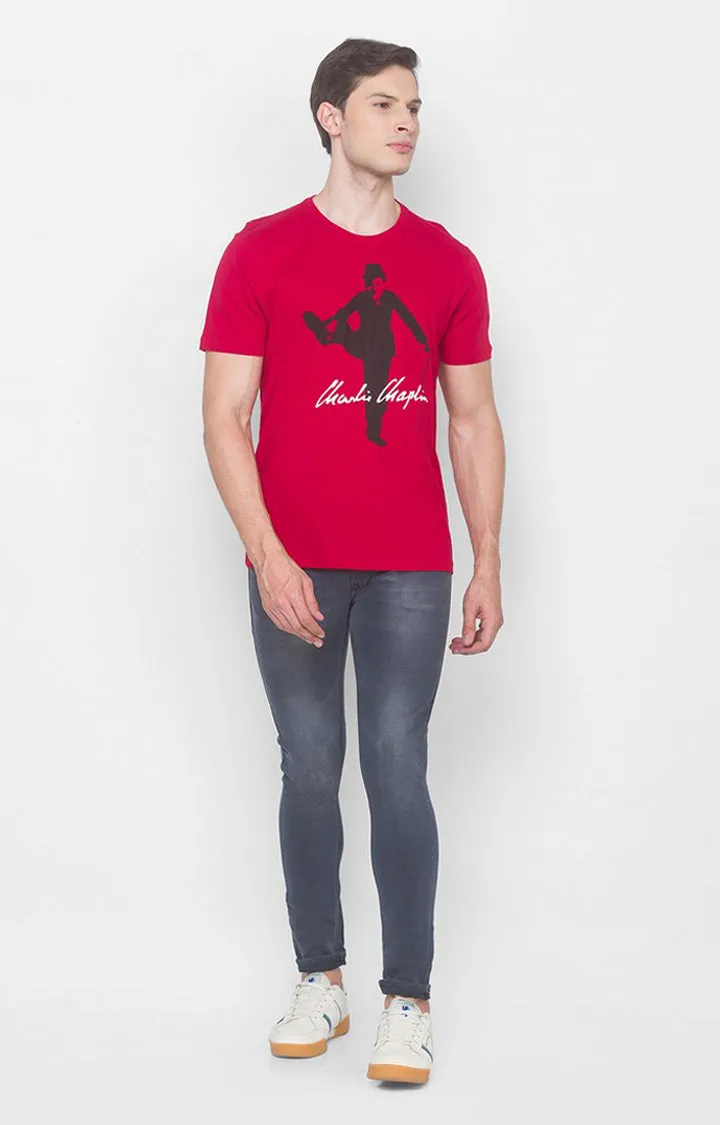 Charlie Chaplin Spykar Men Red Cotton Slim Fit Round Neck Printed T-Shirt