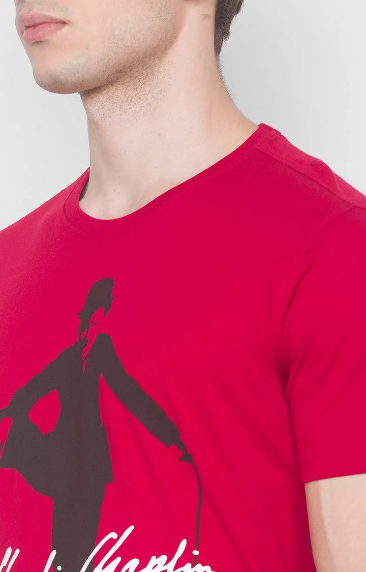 Charlie Chaplin Spykar Men Red Cotton Slim Fit Round Neck Printed T-Shirt