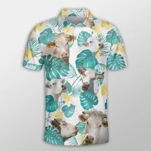 Charolais In Tropical Leaves Pattern Button Polo Shirt, Cow Farm Shirt