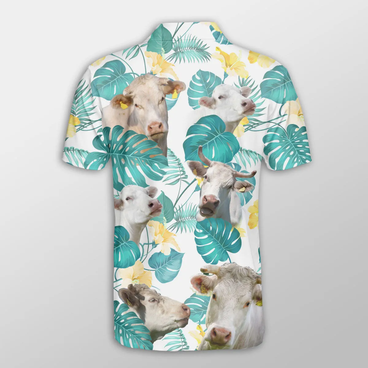 Charolais In Tropical Leaves Pattern Button Polo Shirt, Cow Farm Shirt