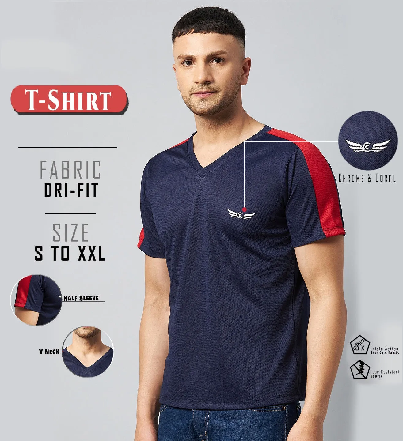 Color Block V Neck T-shirt (Navy Blue) (Pack of 1)