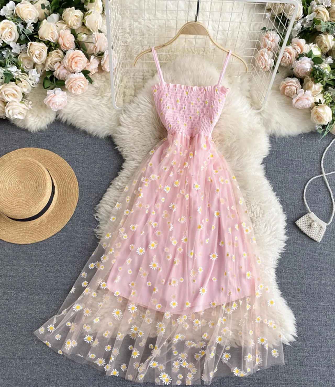 Cute a Line Tulle Floral Dress,spaghetti Strap Dress     S4438