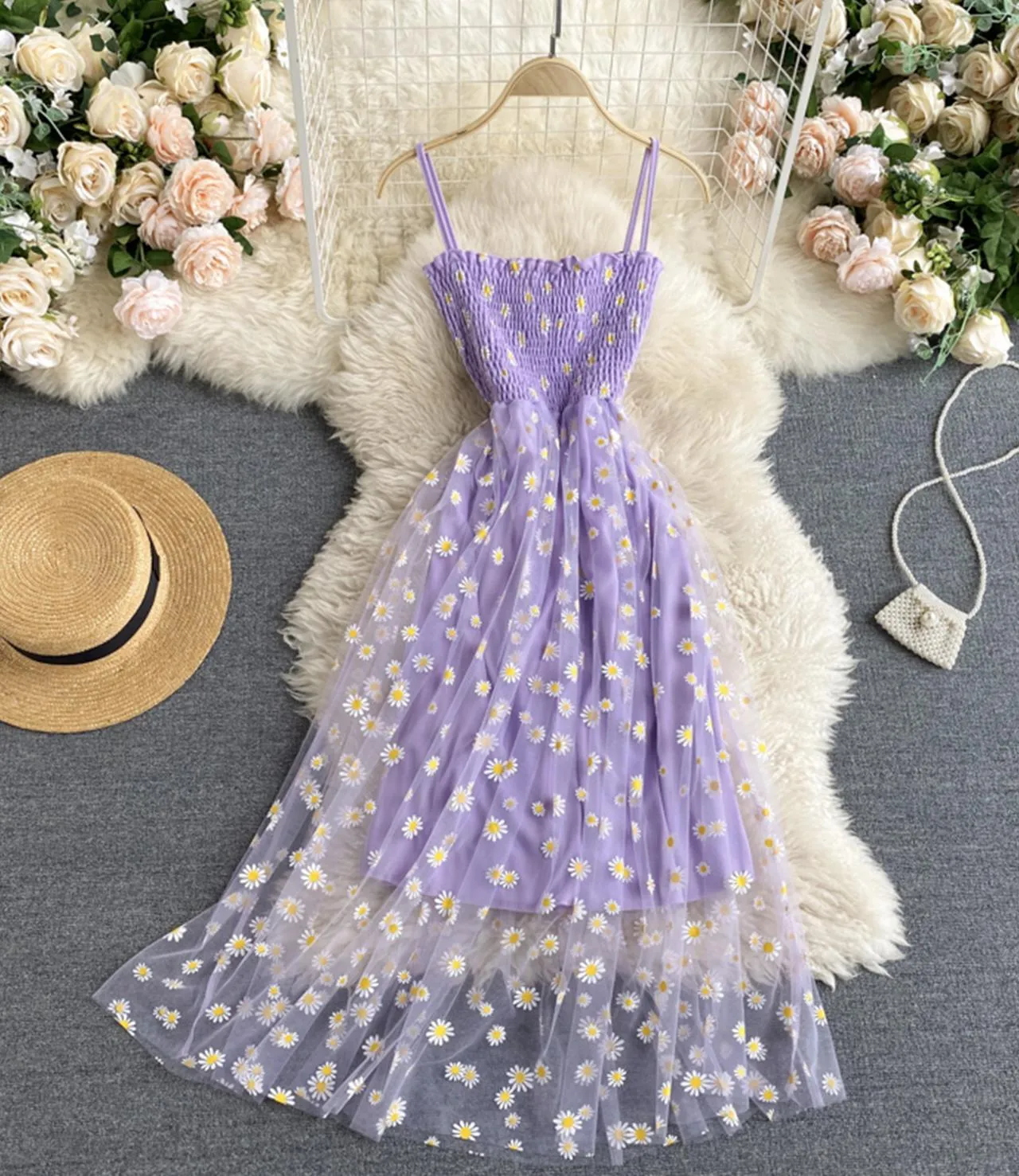 Cute a Line Tulle Floral Dress,spaghetti Strap Dress     S4438