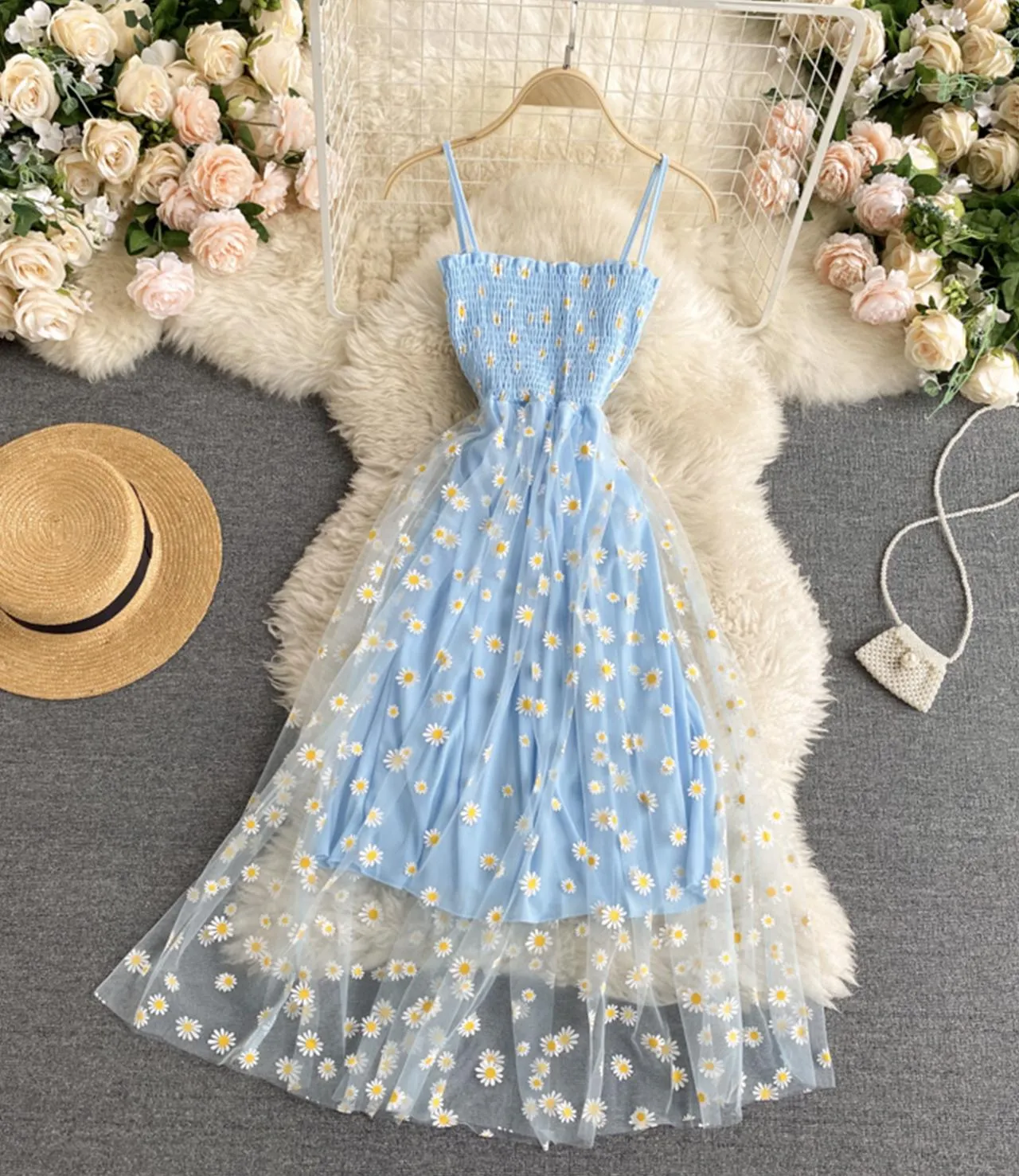 Cute a Line Tulle Floral Dress,spaghetti Strap Dress     S4438