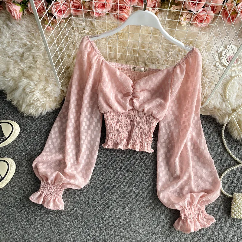 Cute v neck chiffon long sleeve tops crop tops    S198