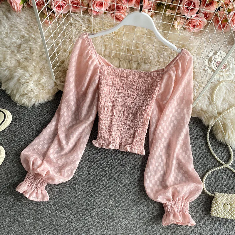 Cute v neck chiffon long sleeve tops crop tops    S198