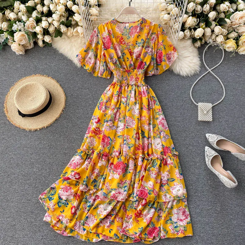 Cute v neck floral dress A line fashion dress  S61