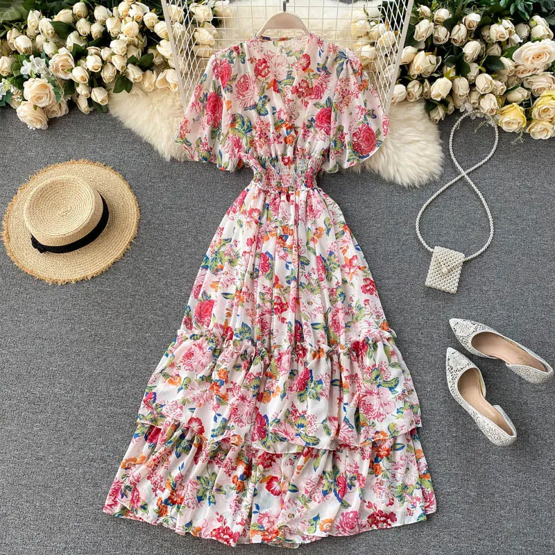 Cute v neck floral dress A line fashion dress  S61