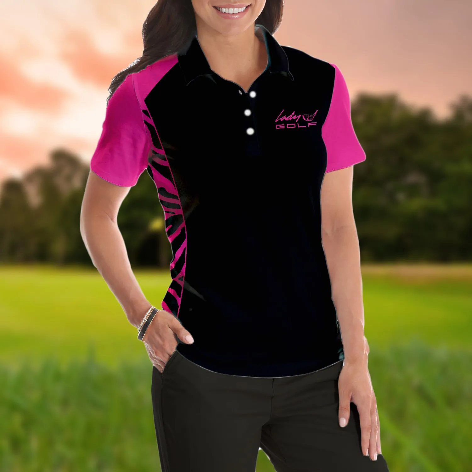 Dark Pink Zebra For Lady Golfer Golf Short Sleeve Women Polo Shirt, Best Shirt For Ladies