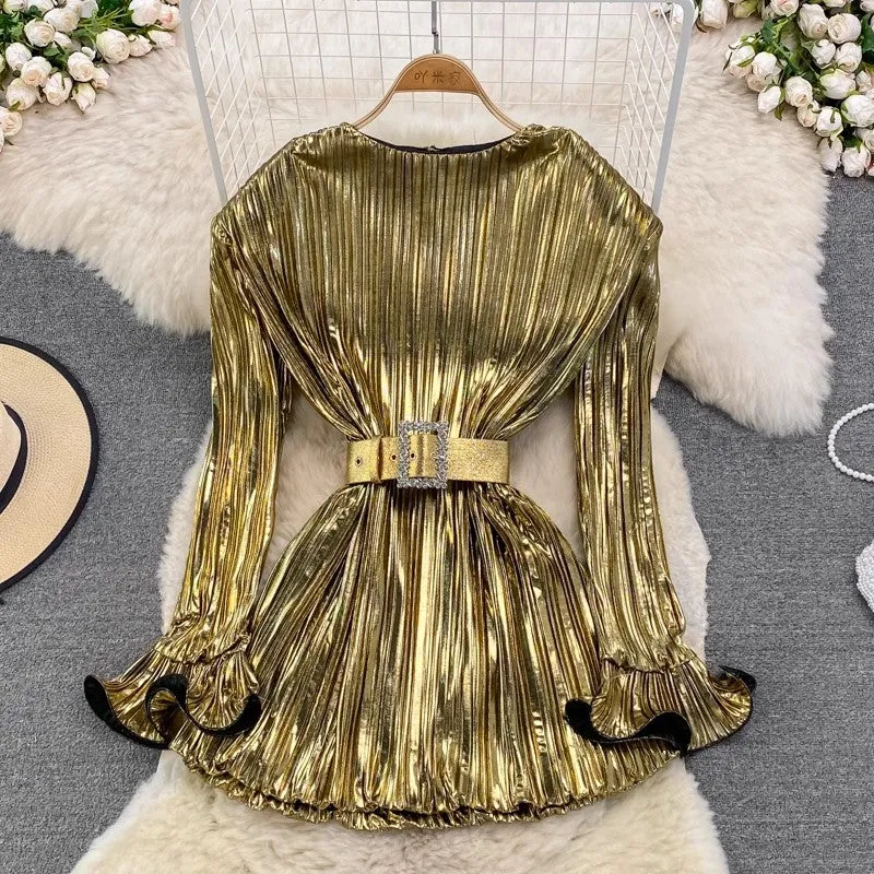 Designed round neck pleated dress new fashion metallic long-sleeved dress       S4194