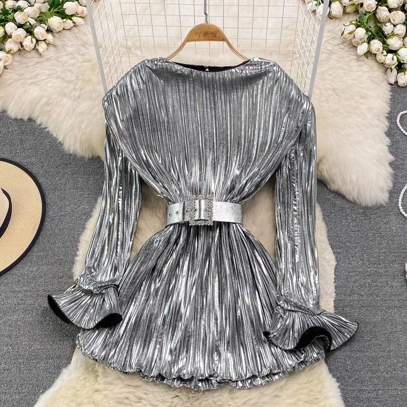 Designed round neck pleated dress new fashion metallic long-sleeved dress       S4194