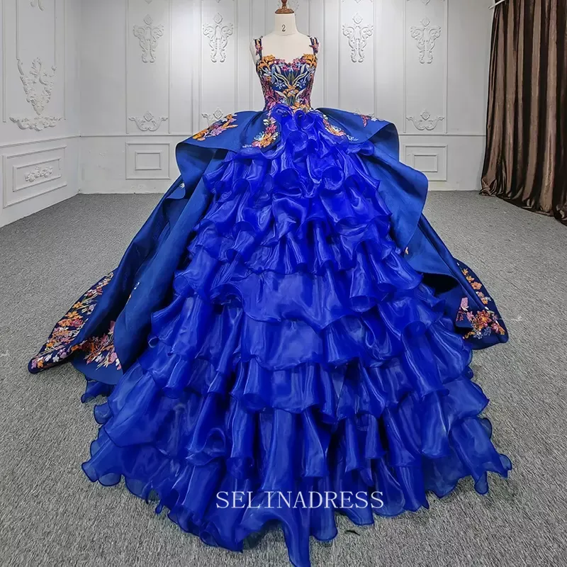 Elegant Royal Blue Beaded Ball Gown Organza Sequins Evening Dress For Women DY9967