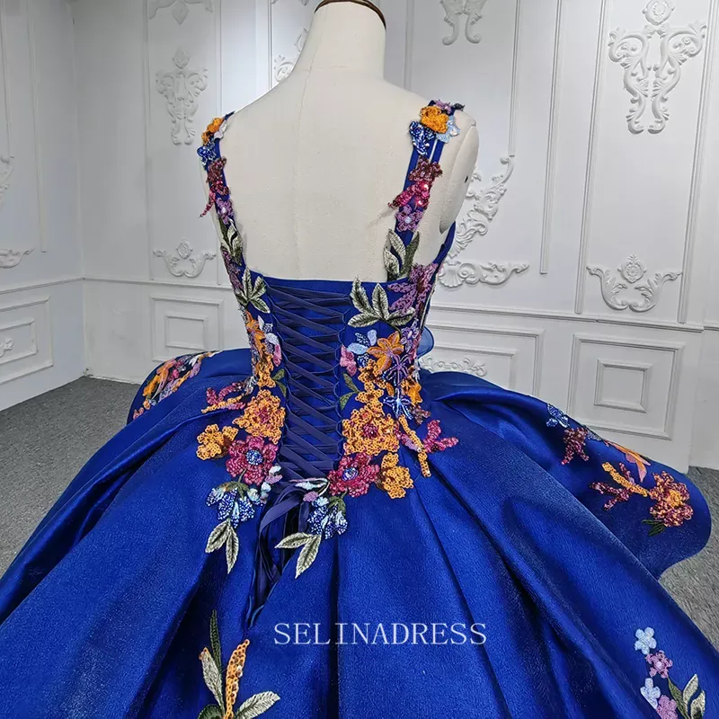 Elegant Royal Blue Beaded Ball Gown Organza Sequins Evening Dress For Women DY9967