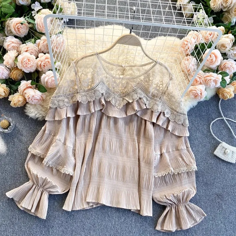 French gentle style top for women see-through ruffled puff sleeve chiffon top     S4621