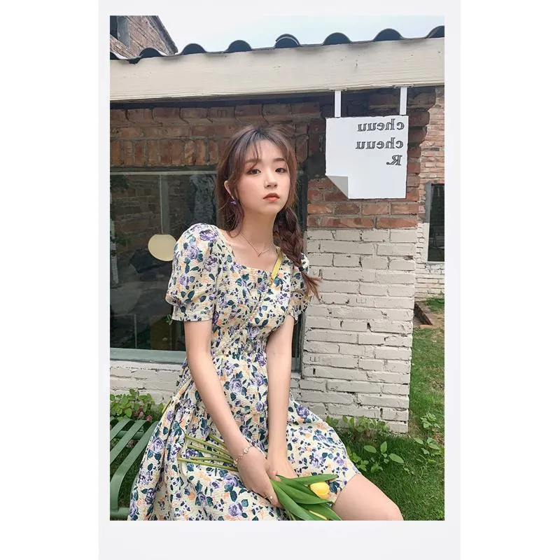 French Style Floral Print Cinched Waist Unique Super Fairy Slimming Bubble Sleeve Dress