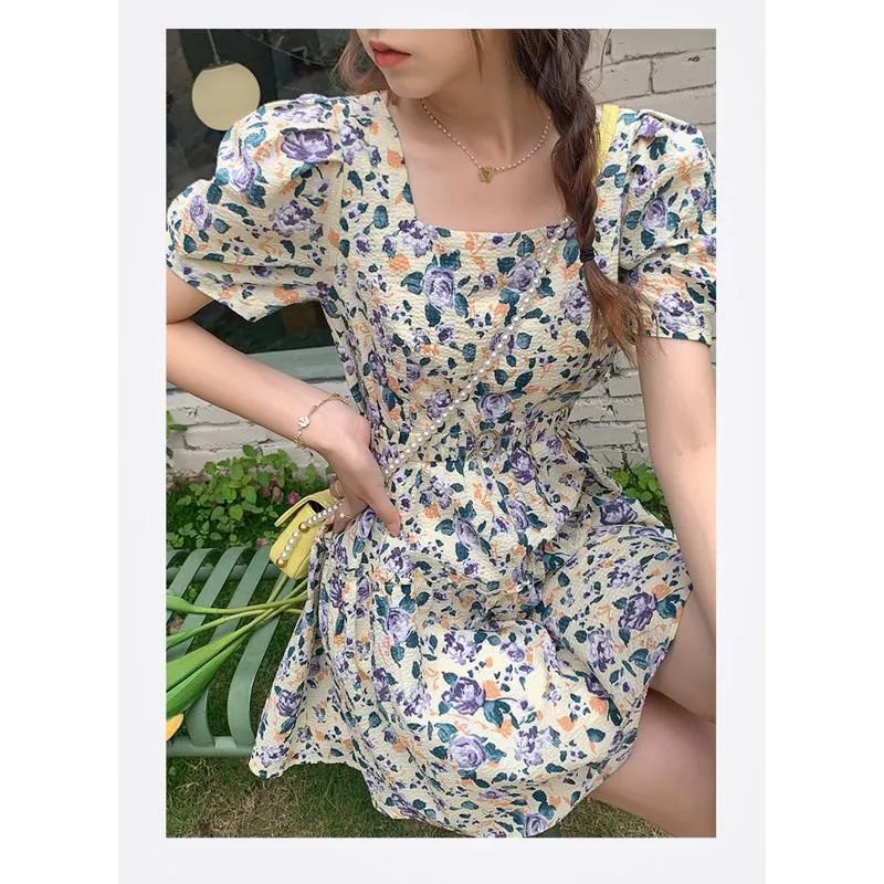 French Style Floral Print Cinched Waist Unique Super Fairy Slimming Bubble Sleeve Dress