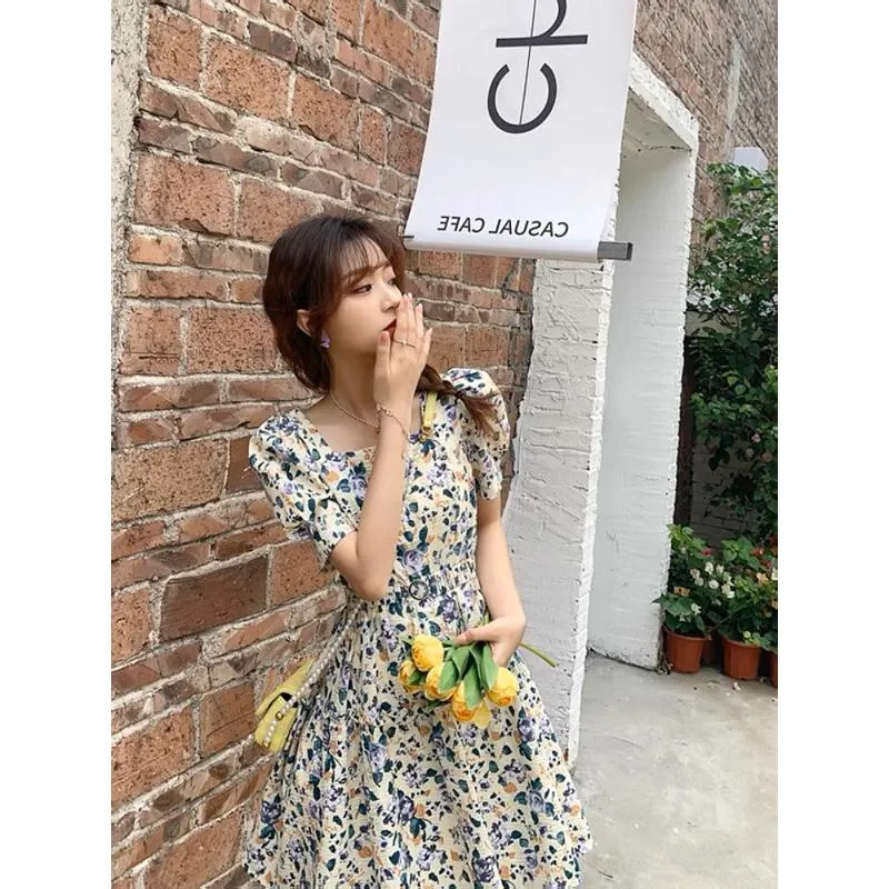 French Style Floral Print Cinched Waist Unique Super Fairy Slimming Bubble Sleeve Dress