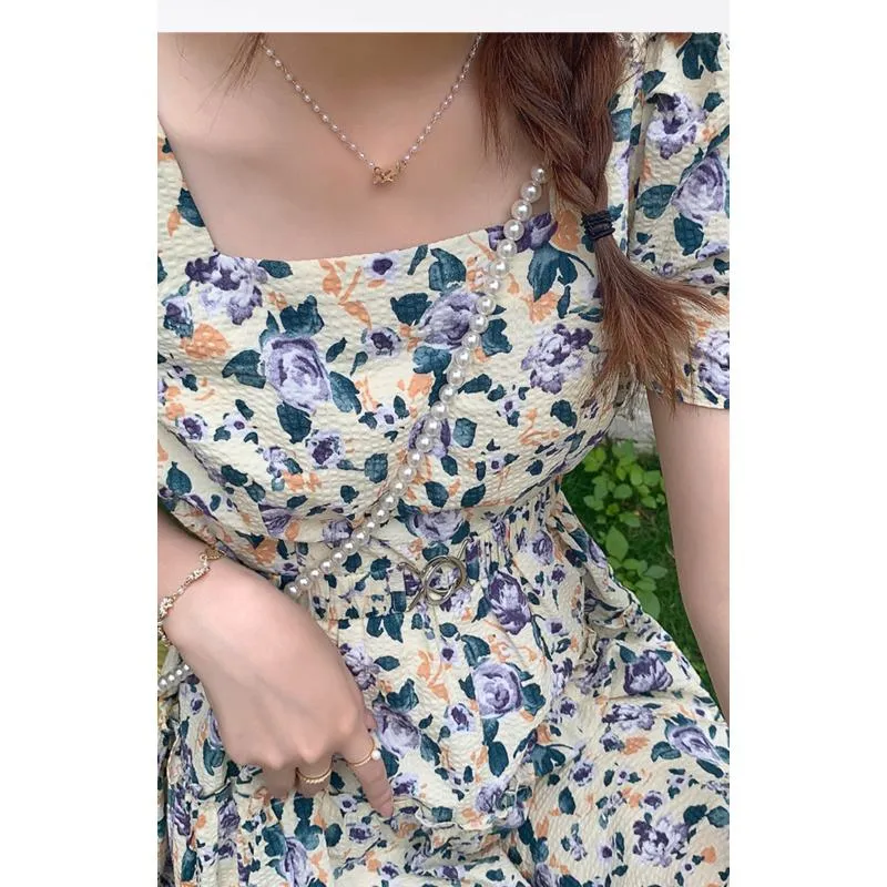 French Style Floral Print Cinched Waist Unique Super Fairy Slimming Bubble Sleeve Dress