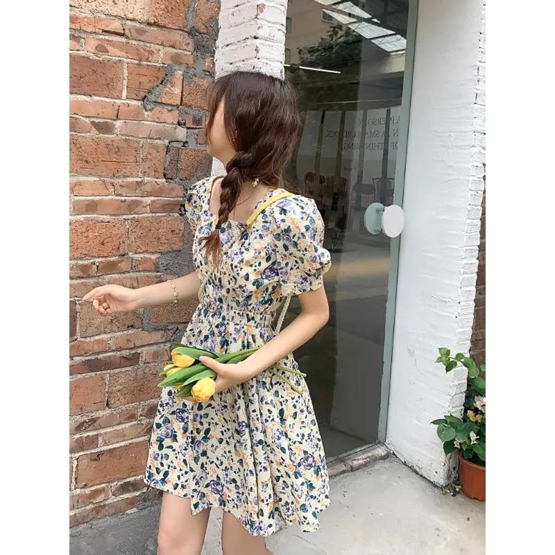 French Style Floral Print Cinched Waist Unique Super Fairy Slimming Bubble Sleeve Dress