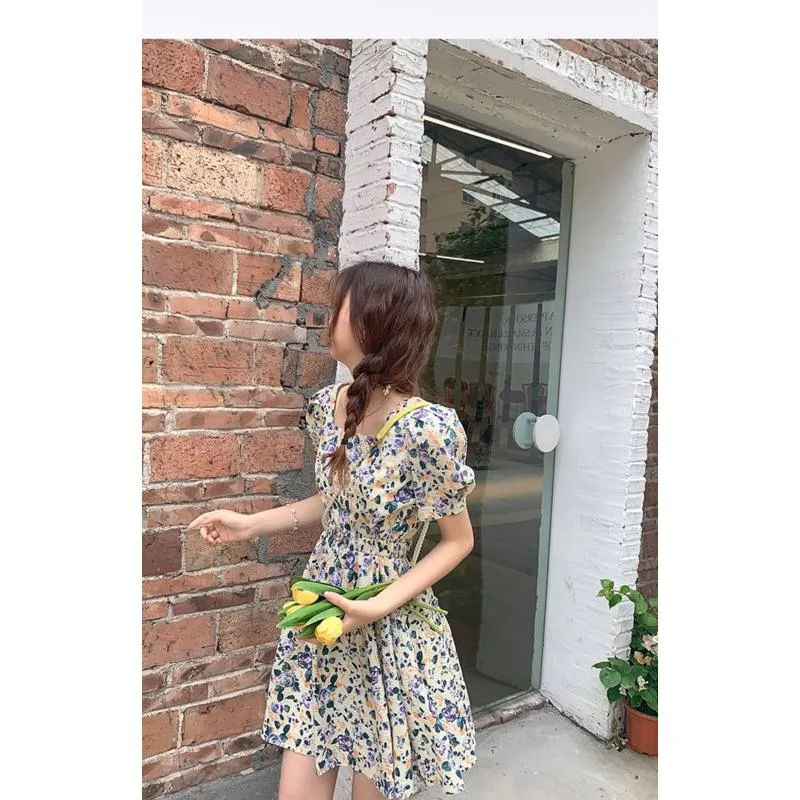 French Style Floral Print Cinched Waist Unique Super Fairy Slimming Bubble Sleeve Dress