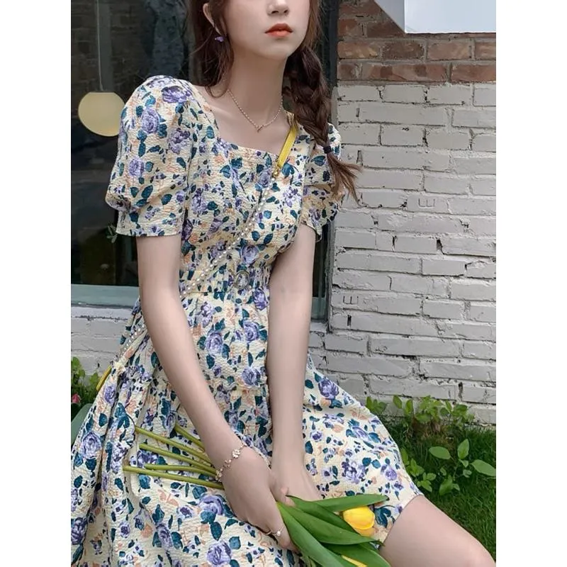 French Style Floral Print Cinched Waist Unique Super Fairy Slimming Bubble Sleeve Dress