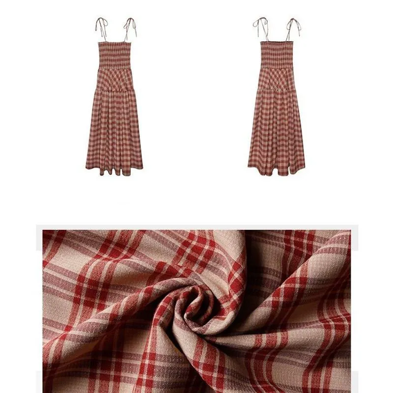 French Style Strapless Retro High-Waisted Suit Slimming Pocket Petite Cardigan Plaid Dress