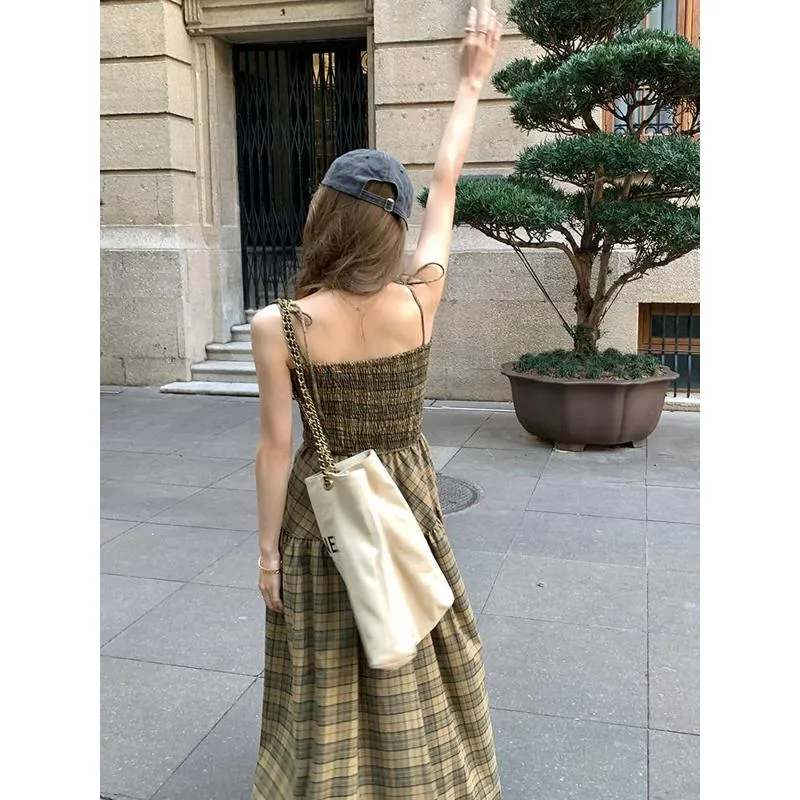 French Style Strapless Retro High-Waisted Suit Slimming Pocket Petite Cardigan Plaid Dress