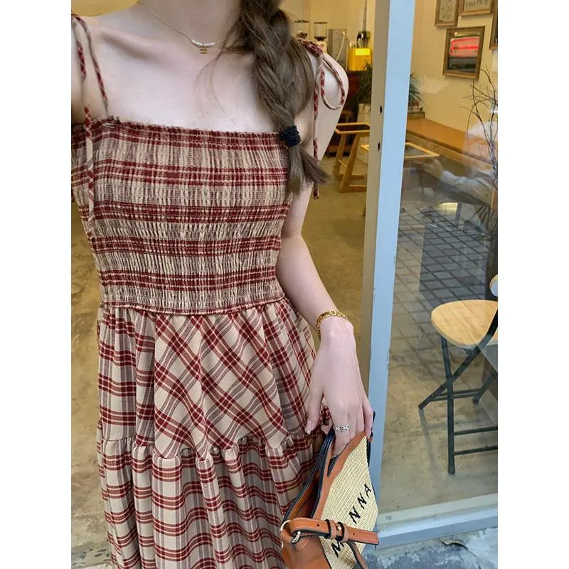 French Style Strapless Retro High-Waisted Suit Slimming Pocket Petite Cardigan Plaid Dress