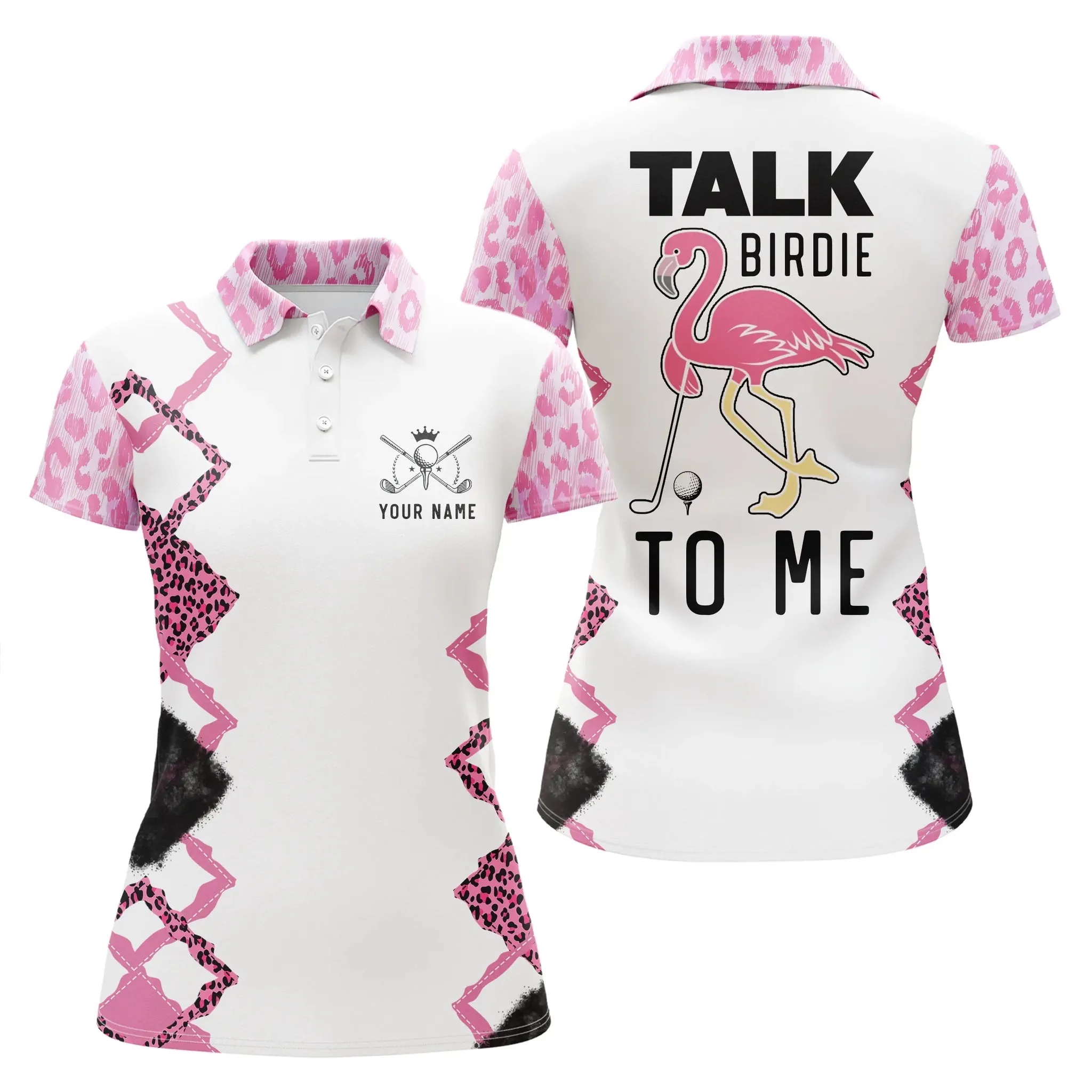 Funny Women Golf Polo Shirt Custom Pink And White Flamingo Golf Shirts Talk Birdie To Me