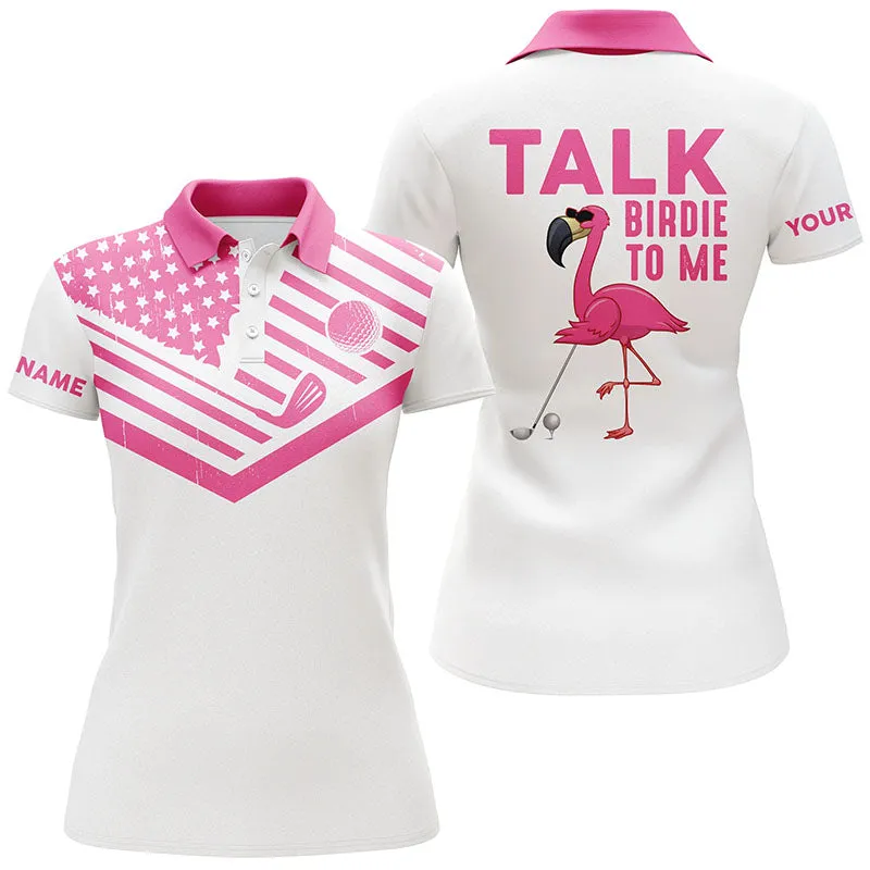 Funny Women Golf Polo Shirt Custom Pink And White Flamingo Golf Shirts Talk Birdie To Me