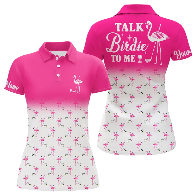 Funny Women Golf Polo Shirt Custom Pink And White Flamingo Golf Shirts Talk Birdie To Me