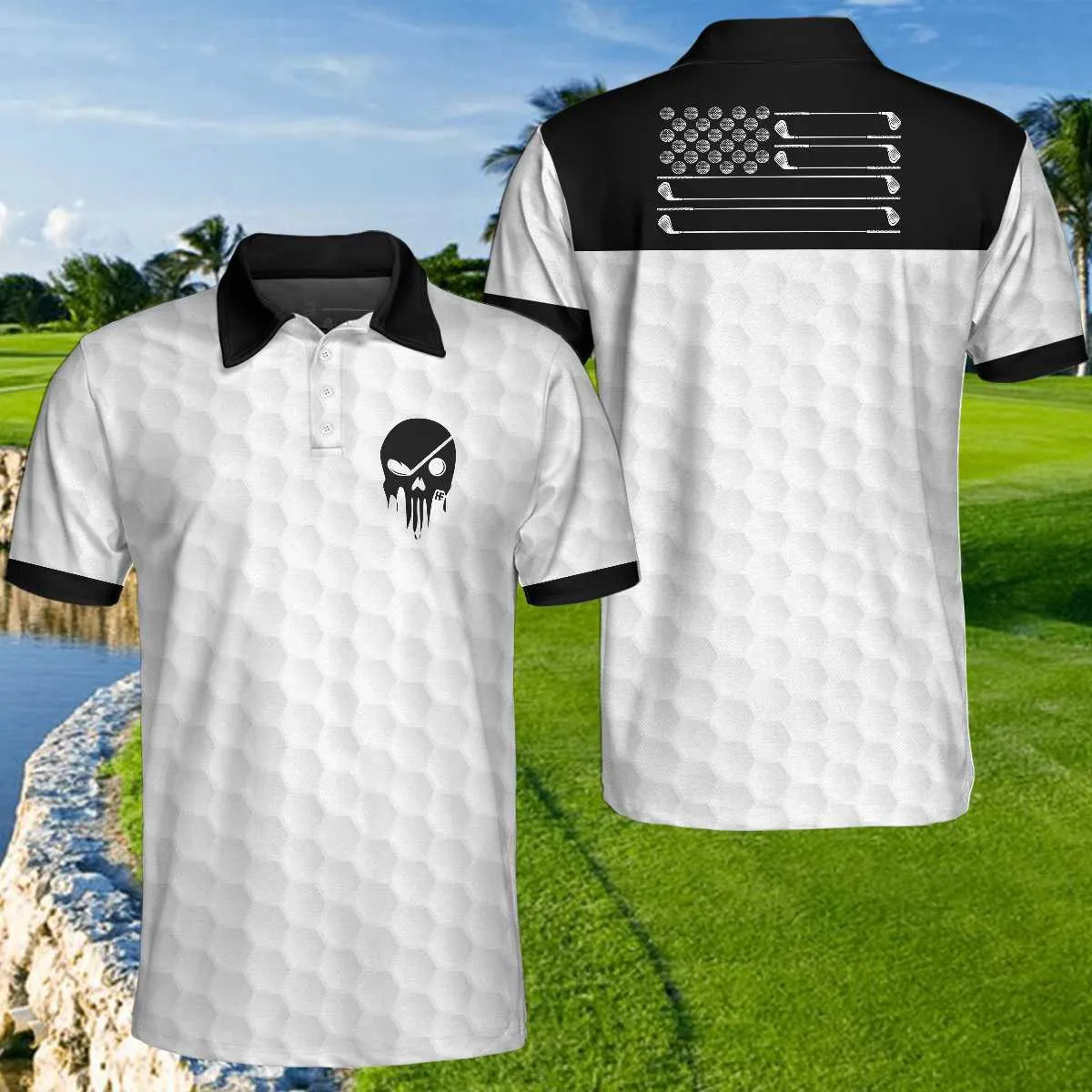 Golf Ball Pattern Skull Polo Shirt, Black And White American Flag Polo Shirt, Best Golf Shirt For Men Coolspod