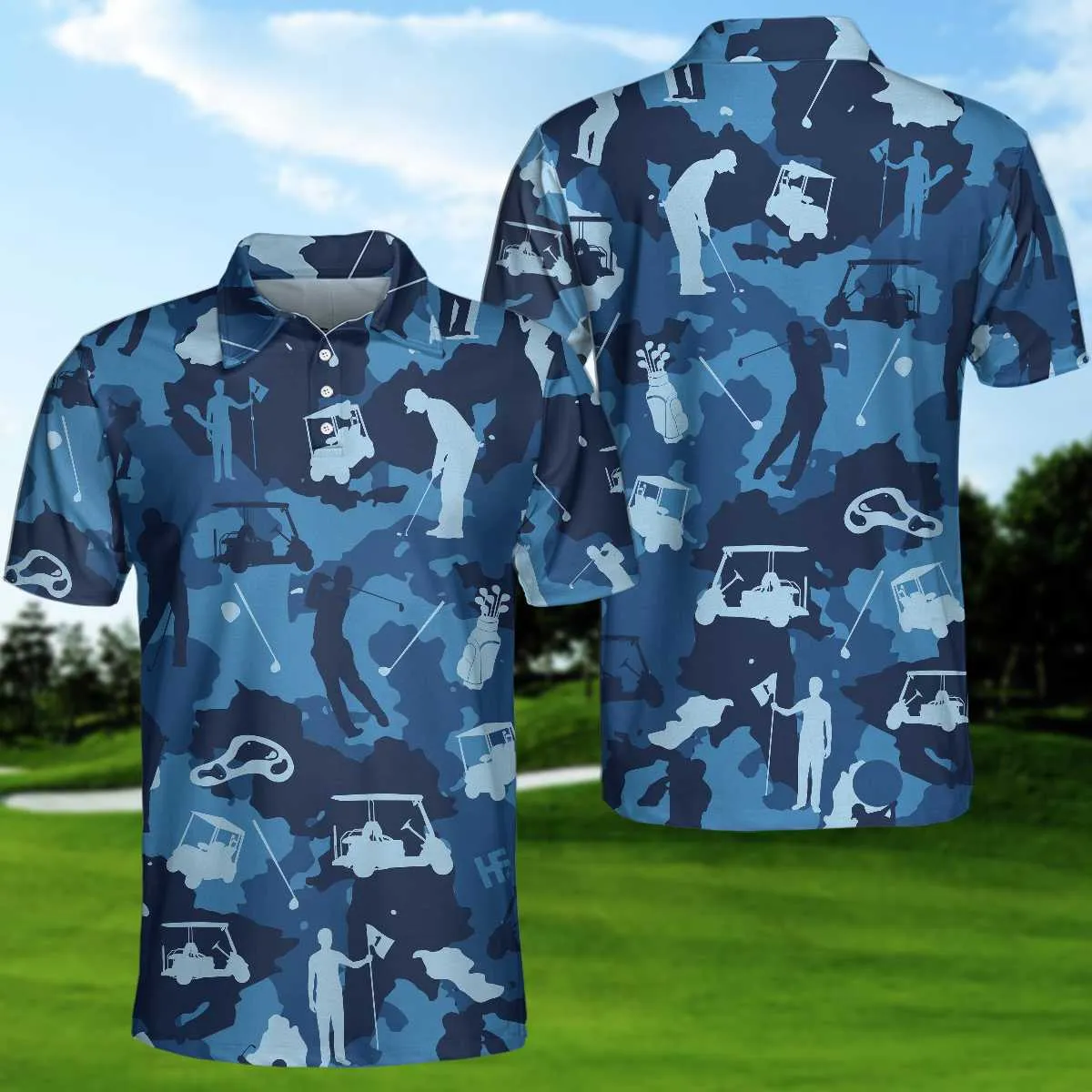 Golf Ocean Blue Camouflage Polo Shirt, Streetwear Golfing Polo Shirt, Camo Golf Shirt For Men Coolspod