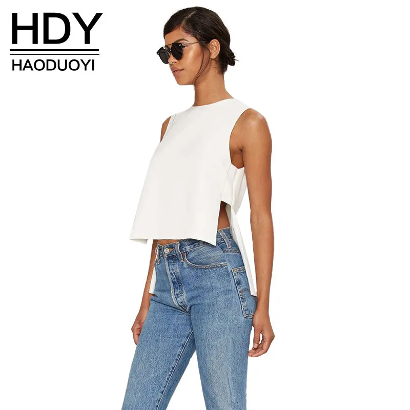 HDY Haoduoyi White Solid Women Tops Tees OL High Low Side Cut Out O-neck Sleeveless Pullovers Vests for Officelady T-shirts