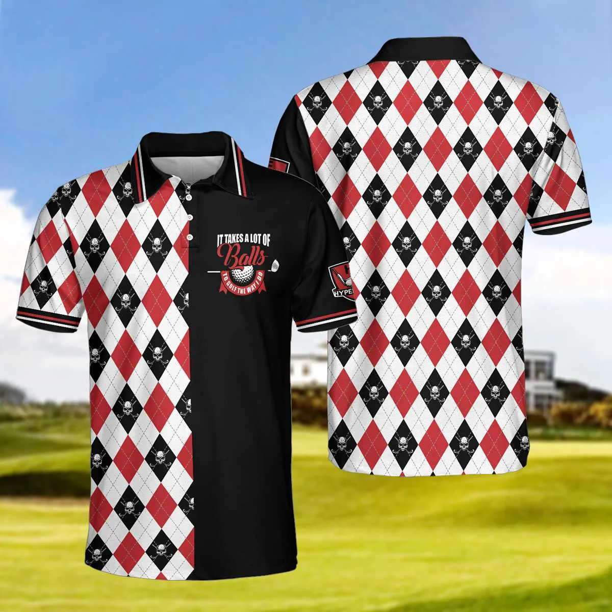 It Takes A Lot Of Balls Red Black And White Pattern Polo Shirt, Argyle Pattern Skull Golf Shirt For Men Coolspod