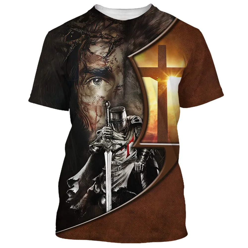 Knight Kneel In Front Of Lion Jesus Christ Warrior 3d All Over Print Shirt - Christian 3d Shirts For Men Women