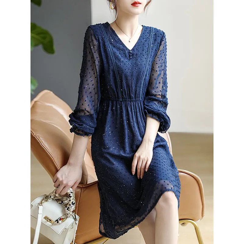 Lace Cinched Waist Shiny Jacquard V-Neck Dress