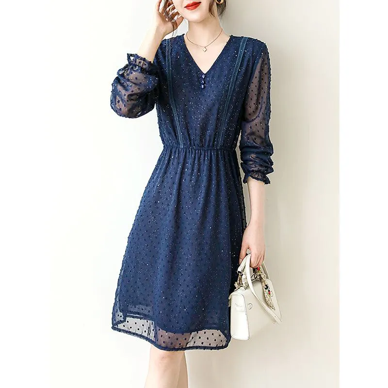 Lace Cinched Waist Shiny Jacquard V-Neck Dress